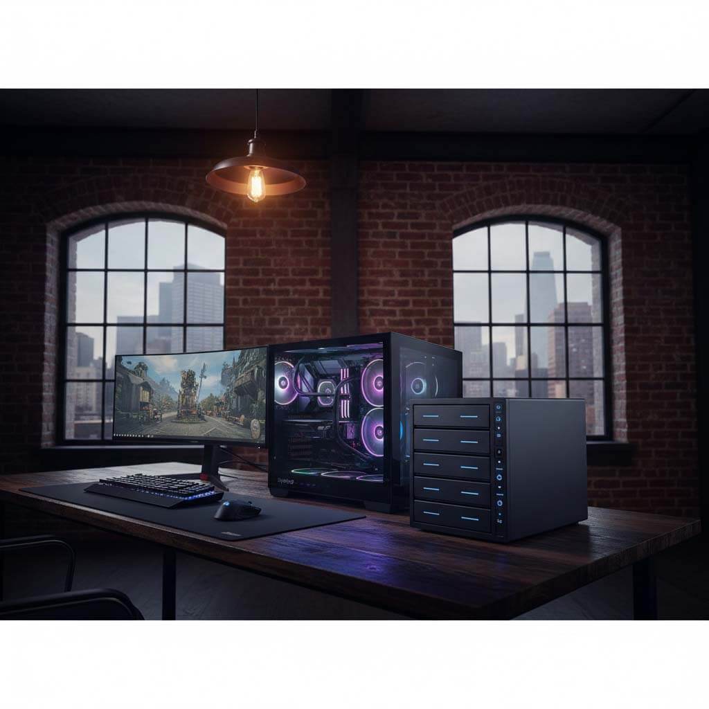 高階電競主機與 Synology NAS 放置於紐約工業風工作室 (High-End Gaming PC and Synology NAS in New York Industrial Loft Studio)
