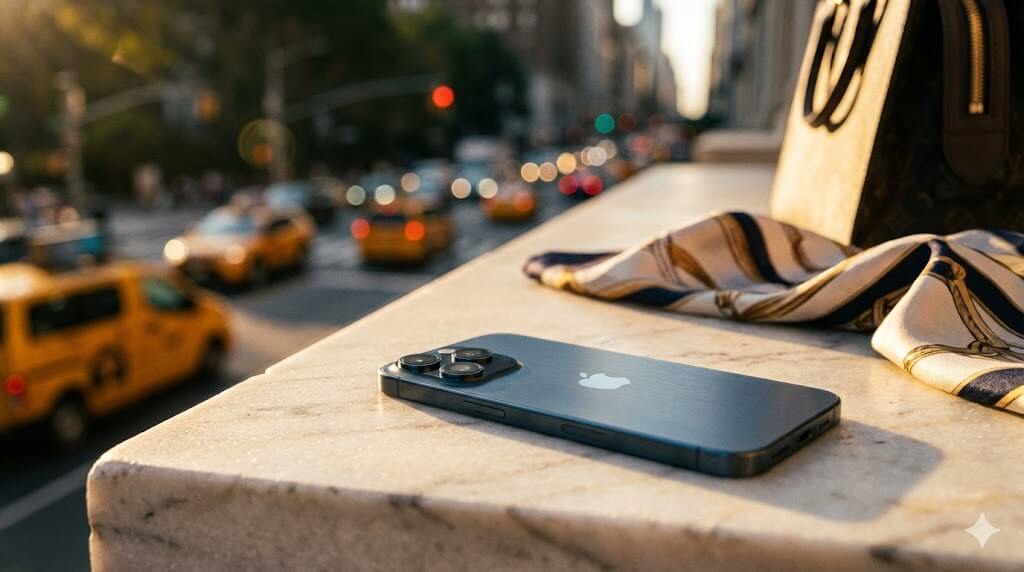 iPhone 17 Pro Max 鈦金屬機身置於紐約都會背景前，呈現高端時尚感 / iPhone 17 Pro Max Titanium body set against a New York urban background, presenting high-end fashion vibes.